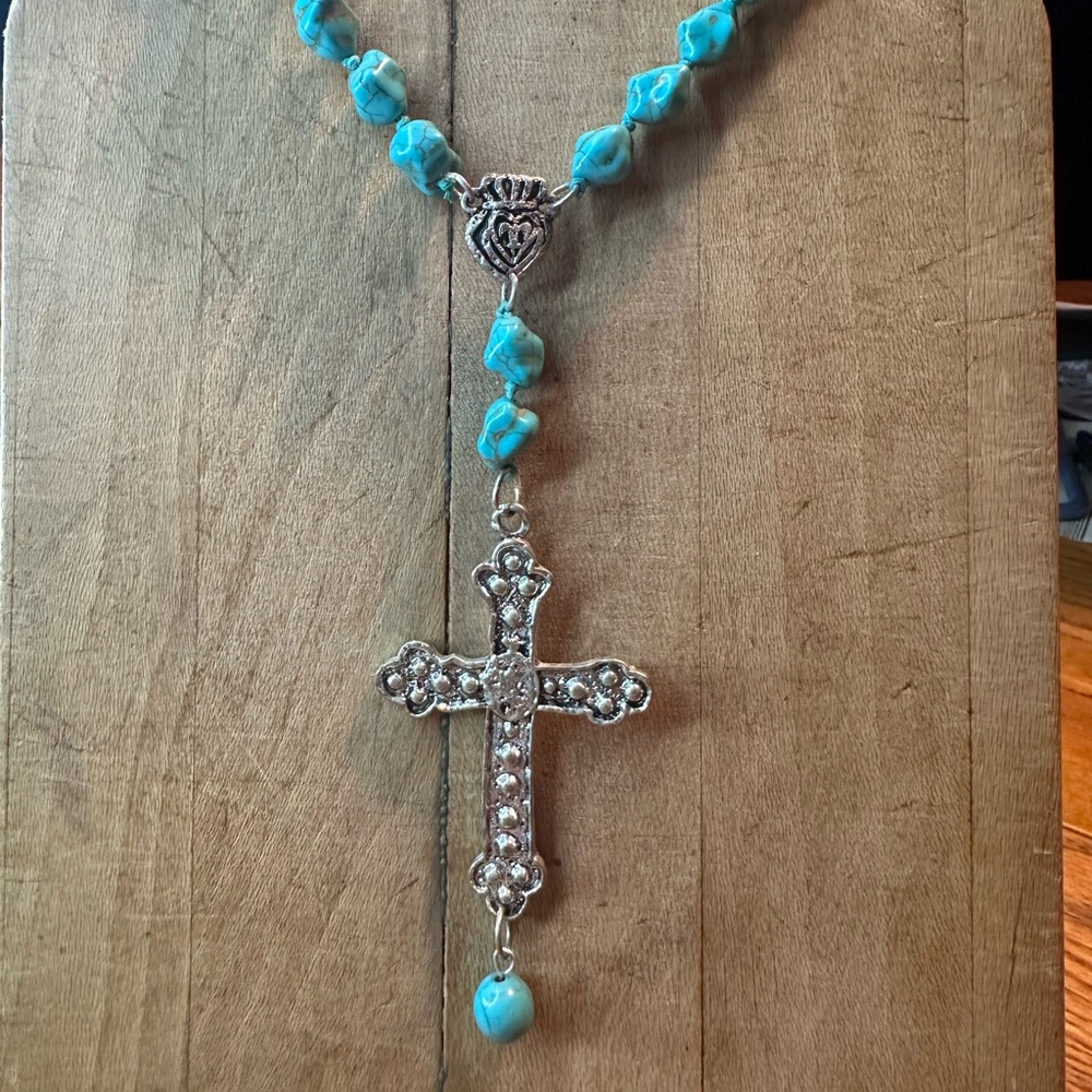 Turquoise Beaded Cross Necklace - 13.5” Long